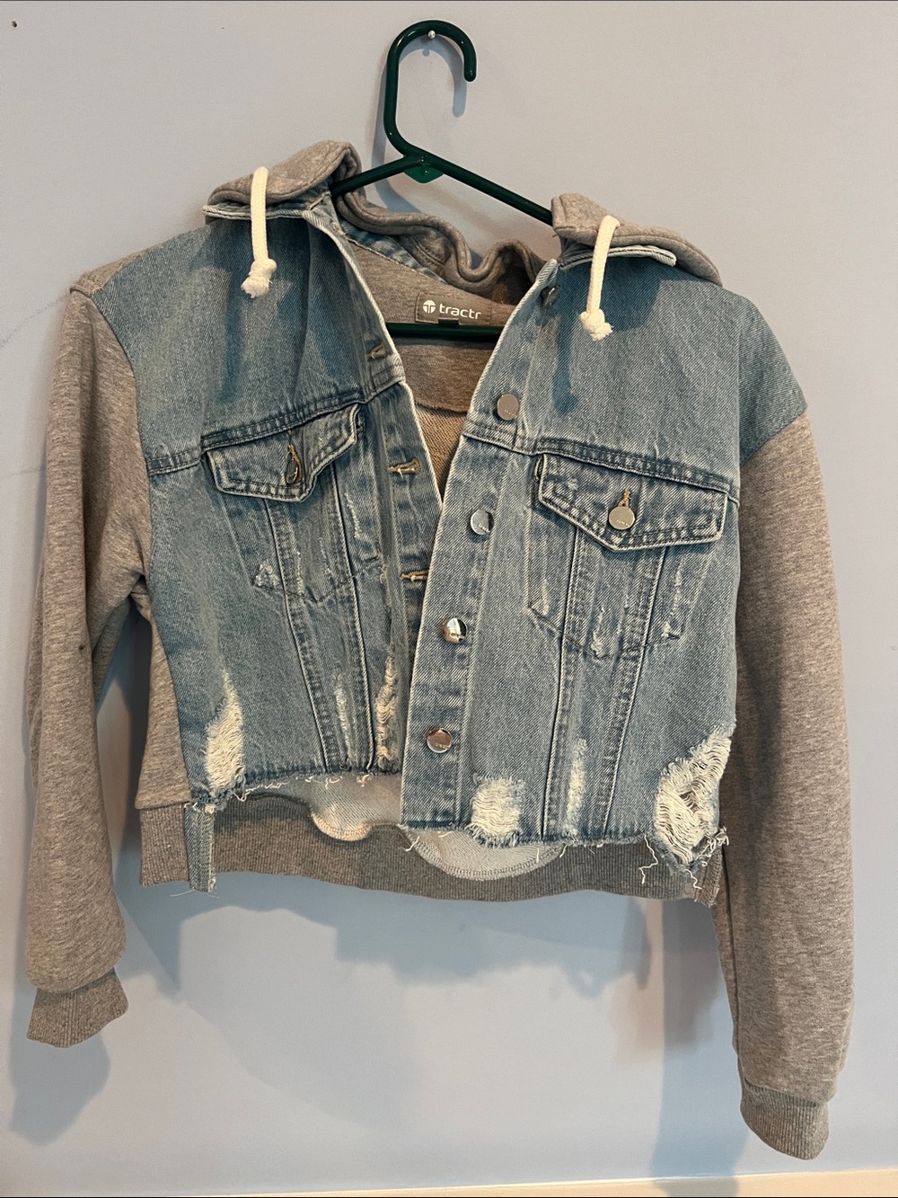 Tractr Light Blue Denim Jacket with Gray Hooded Knit Sleeves